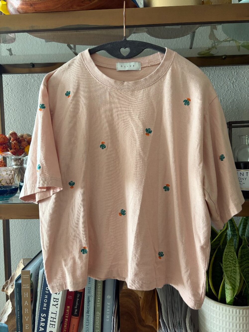 Olive Embroidered Cactus Tee